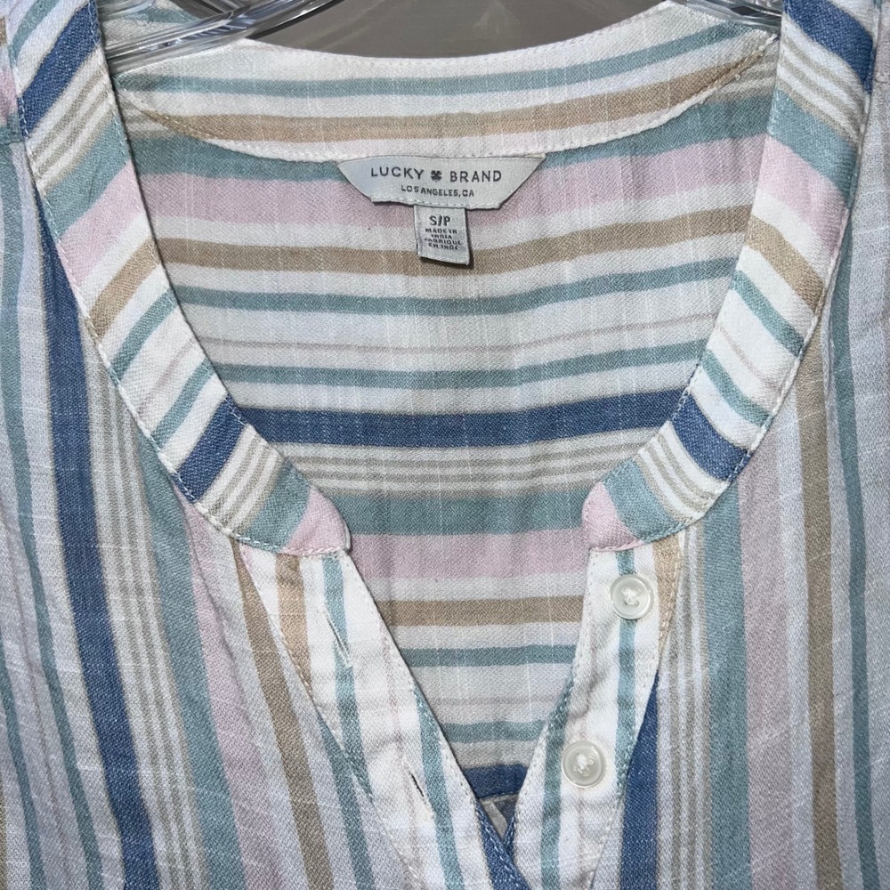 Lucky Brand Women S/P pastel Multi Color Striped Henley Empire Waist Top - Picture 2 of 6